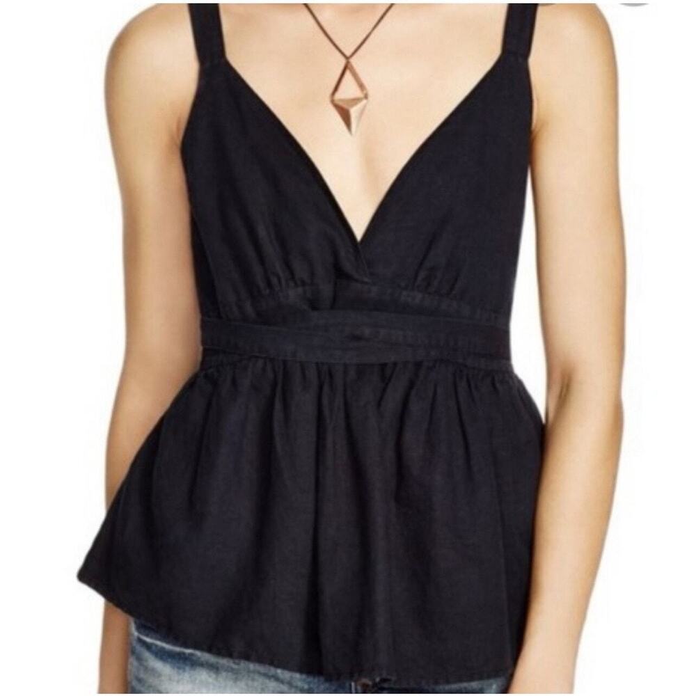 NWT Free People Benji Top Babydoll Tank Linen Blend Tie Waist Black Coastal 6